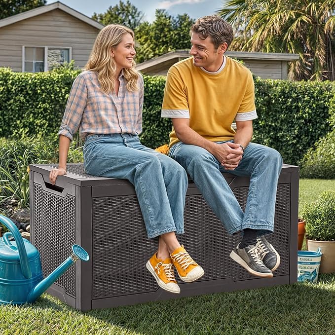 YITAHOME 100 Gallon Large Resin Deck Box Outdoor Storage Boxes for Patio Furniture, Outdoor Cushions, Garden Tools and Pool Supplies-Waterproof,Lockable (Dark Brown)