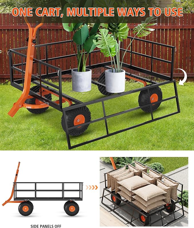 Versatile Garden Cart for Lawn and Yard with Heavy Duty Steel, 1200 Lbs Capacity Mesh Steel Garden Cart Folding Utility Wagon with Removable Side Panels, Long Handle, 10" Tires - Black and Orange