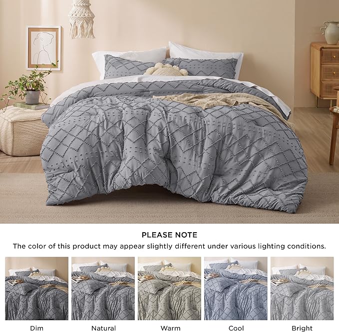 Bedsure Queen Comforter Set - Grey Comforter, Boho Tufted Shabby Chic Bedding Comforter Set, 3 Pieces Vintage Farmhouse Bed Set for All Seasons, Fluffy Soft Bedding Set with 2 Pillow Shams