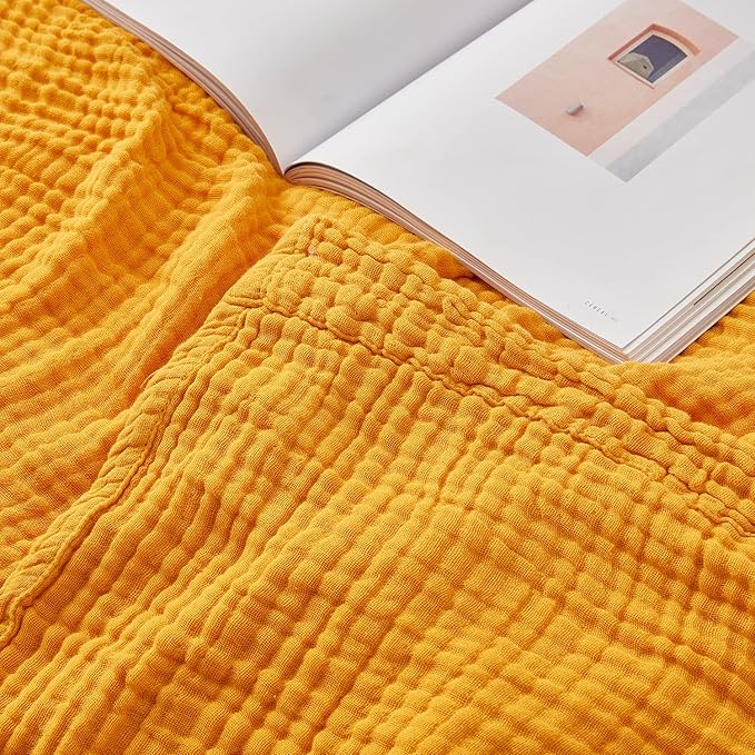 EMME Cotton Throw Blanket for Couch Soft Muslin Blankets 50"x60" Lightweight Breathable Blanket All Season Gauze Blanket, Mustard Yellow
