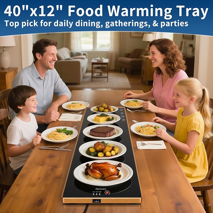 Warming Trays for Buffets Party, 40"x12", Tempered Glass Food Warmer, Black | Keep Food Warm,Electric Warming Mat For food for Daily Use, Button Temperature Control,Full Surface Warm,Build-in Thermostat