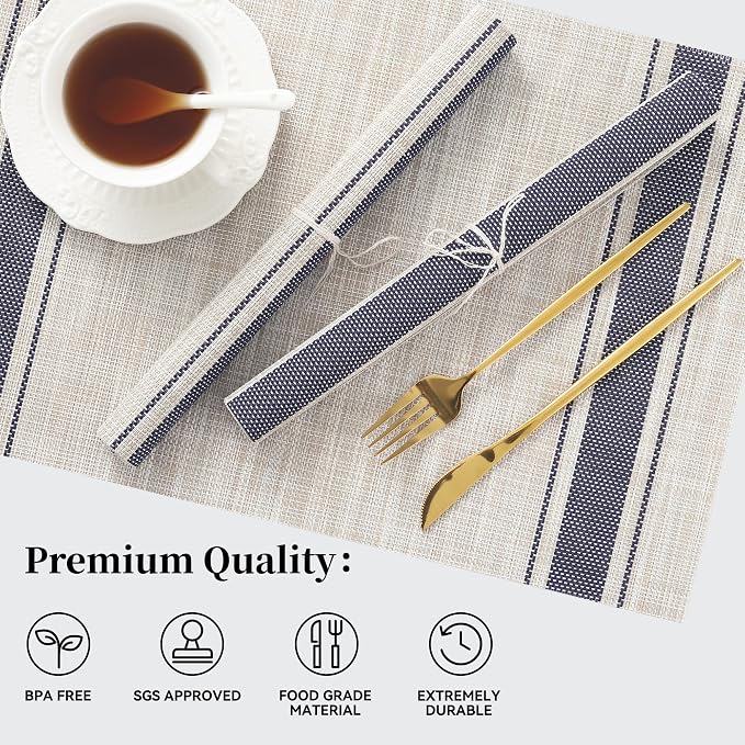 Leetaltree Khaki-Blue Placemats, Heat Resistant Non-Slip Place mats for Dining Table, Washable Durable PVC Vinyl Woven Table Mats (Set of 8)