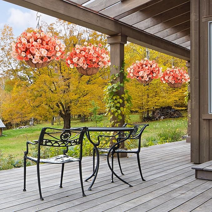 Artificial Fall Flowers Fake Hanging Plants Flowers Basket for Outdoors Autumn Decoration, Silk Morning Glory with Eucalyptus Look Real UV Resistant Faux Flowers for Outside Porch Patio Balcony, Mix