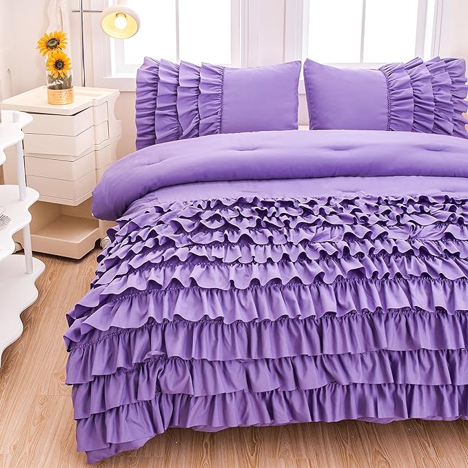 Lavender Princess Ruffle Comforter, Purple Twin Comforter Set for Girls (1 Ruffled Comforter and 2 Pillowcases), 3 Pieces Vintage Rustic Purple Bedding Set for Girls Kids