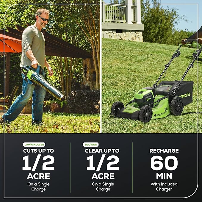 Greenworks 80V 21” Brushless (Self-Propelled) Cordless Electric Lawn Mower + (580 CFM) Axial Leaf Blower (75+ Compatible Tools), 4.0Ah Battery and 60 Minute Rapid Charger, Green and Black
