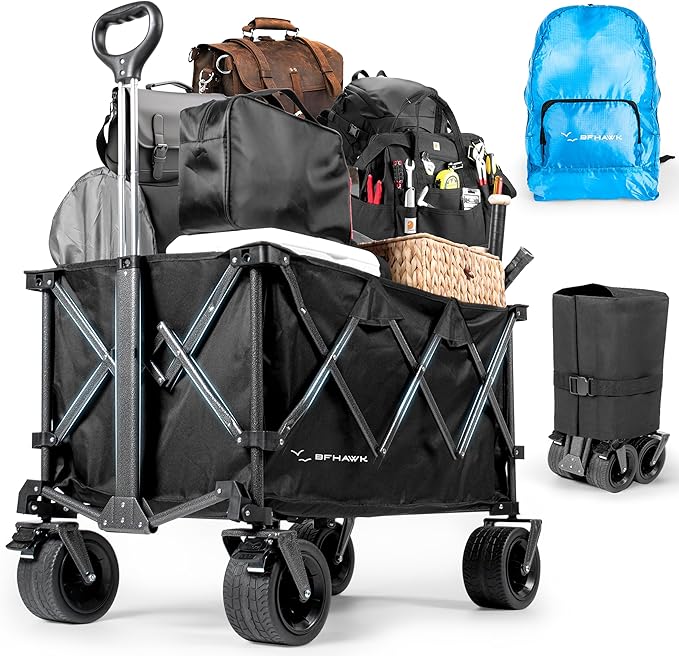 36" Collapsible Wagon Cart with Big All-Terrain Beach Wheels, Foldable Heavy Duty Wagons, Utility Carts for Camping, Garden, Outdoor, Grocery, Sports, Free Packable Backpack Included