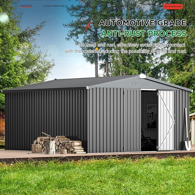 AECOJOY 12' x 12' Outdoor Storage Shed, Dark Grey Large Metal Sheds & Outdoor Storage Clearance Steel Yard Shed with Lockable Doors, Utility and Tool Storage Garden Shed for Backyard