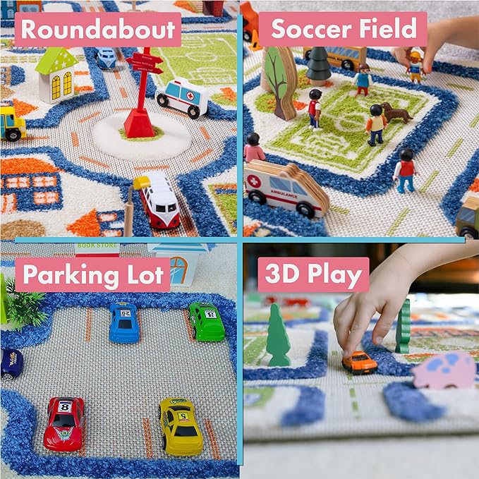 IVI Thick 3D Childrens Play Mat & Rug in A Colorful Town Design for Kids with Soccer Field, Car Park & Roads, Blue, 32 x 45 inches