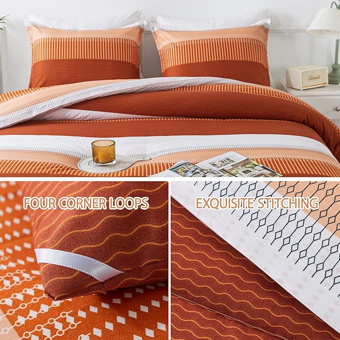 Andency Stripe Comforter Set King Size (104x90 Inch), 3 Pieces Terracotta Patchwork Striped Comforter, Soft Microfiber Down Alternative Comforter Bedding Set with Corner Loops