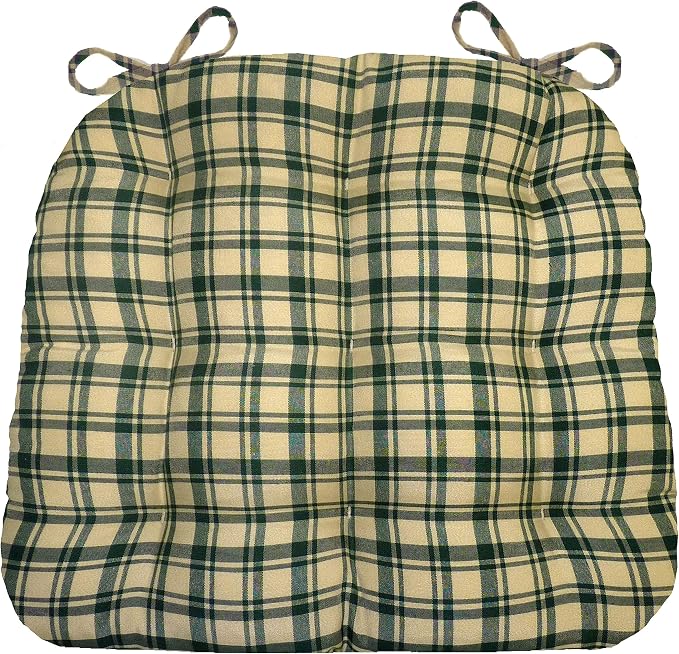 Barnett Home Decor Dining Chair Pad with Ties Montgomery Green Plaid - Size Medium 16.5 x 18 16.5 x 18 - Latex Foam Fill Cushion, Reversible, Machine Washable - Green Natural Tartan