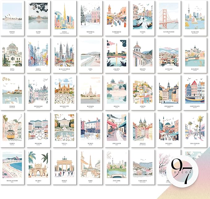97 DECOR Vintage Travel Decor Posters - World Travel Wall Art Prints, Retro Popular Cities Photo Collage Kit, Trendy City Landscape Aesthetic Pictures for Teen Dorm Bedroom Decorations (40 Pcs, 4"x6")