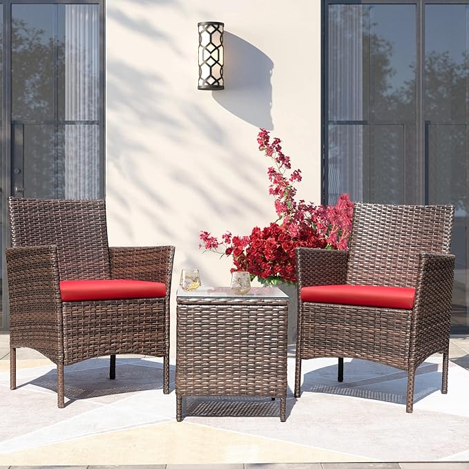Greesum 3 Pieces Patio Furniture Sets Outdoor PE Rattan Wicker Chairs with Soft Cushion and Glass Coffee Table for Garden Backyard Porch Poolside, Brown and Red