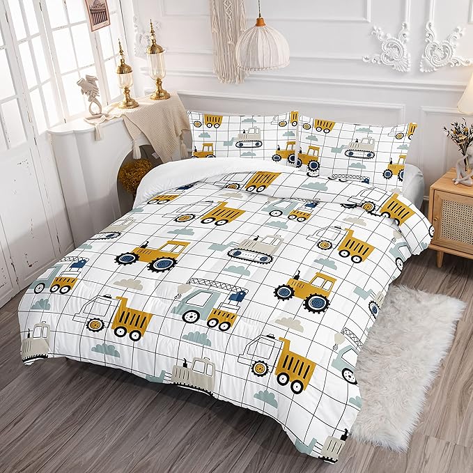 Datura home Construction Truck Comforter Set for Boys Kids Children,Machinery Truck Excavators Vehicles Cartoon Tractor Bedding Set with 1 Comforter and 2 Pillowcases(Construction Truck Twin) 68x86in