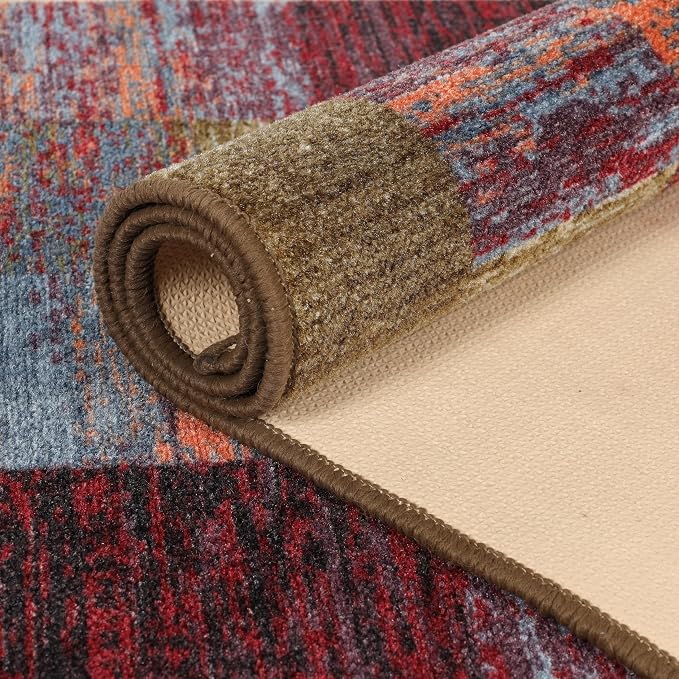 Superior Indoor Non-Slip Area Rug, Rustic Floor Decor, Color Block Rug for Living Room, Bedroom, Office, Kitchen, Dining, Washable Rugs, Foam Back, Lockwood Collection, 8' x 10', Brown-Burgundy