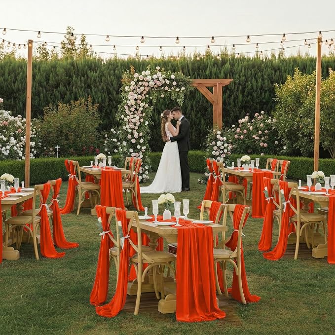 Pack of 12 | Orange |14ft Chiffon Table Runner 29x170 Inches Long Romantic Rustic Sheer Gauze Runner for Wedding Bridal Shower Birthday Banquets Engagement Spring Easter Boho Decorations