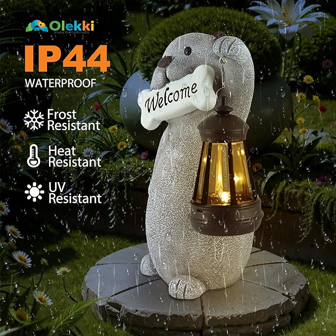 Solar Dog Garden Statue with Lantern Light – 9.2in Outdoor Dog Figurine for Yard Patio Garden Decor, Cute Memorial Gift for Women Mom
