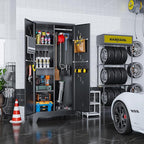 Metal Garage Storage Cabinet with Locking Doors, 71" Tall Broom Closet Storage Cabinet, Heavy Duty Garage Organization Cabinets, Steel Cabinet with Hanging Rod, Assembly Required