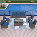 Patio Furniture Sectional Sofa Set 10-Pieces PE Rattan Swivel Rocking Chairs Outdoor Furniture Set w/43in Gas Fire Pit Table, Patio Conversation with 55000 BTU Propane Fire Pit, Navy Blue