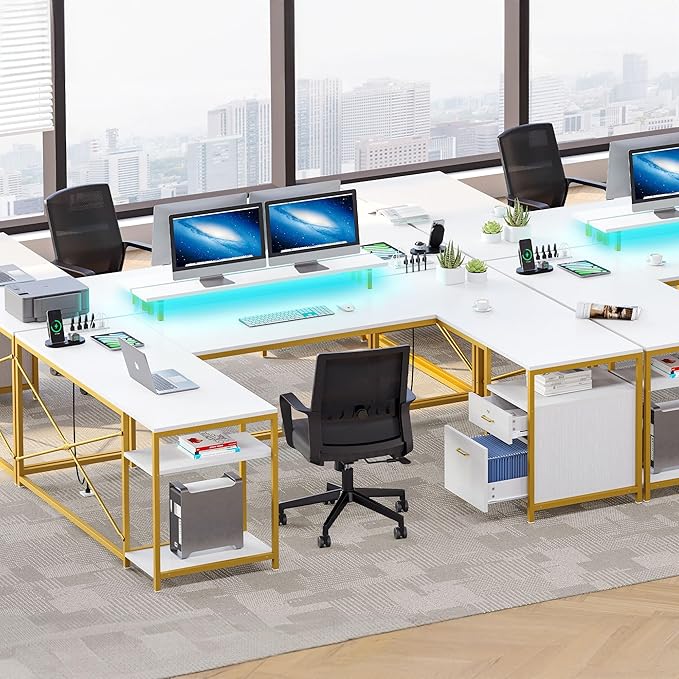 YITAHOME U Shaped Desk with Power Outlets & LED Lights, 79" Reversible L Shaped Desk with Drawers, Corner Computer Desk Office Desk with Monitor Stand & Storage Shelves, White & Gold