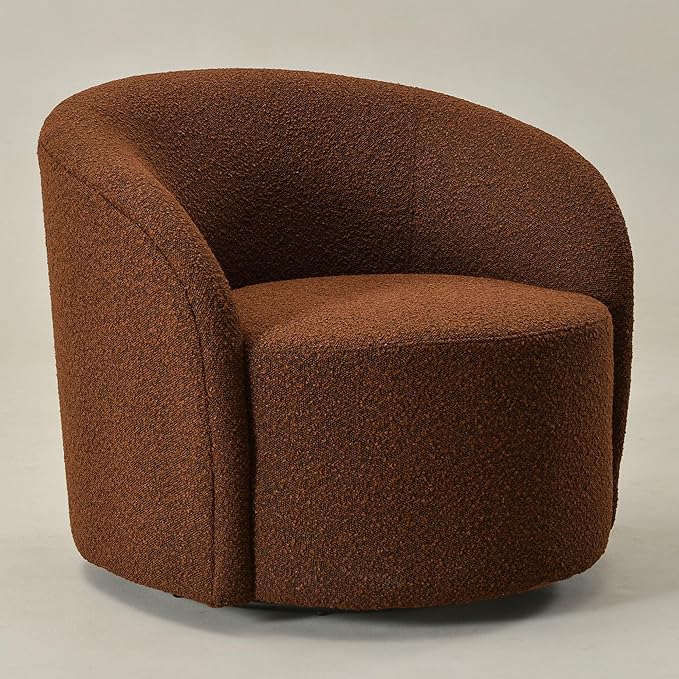 KINWELL Sherpa Swivel Barrel Chair & Round Ball Pillow Set - 34" Wide Modern Boucle Accent Chair with 9” Matching Nordic Decorative Throw Pillow for Living Room and Bedroom(Brown)