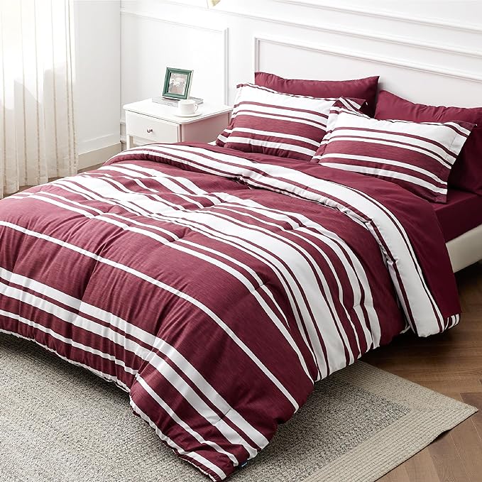 Bedsure Bed in a Bag King Size 7-Piece Burgundy White Striped Bedding Comforter Sets All Season Bed Set, 2 Pillow Shams, Flat Sheet, Fitted Sheet and 2 Pillowcases