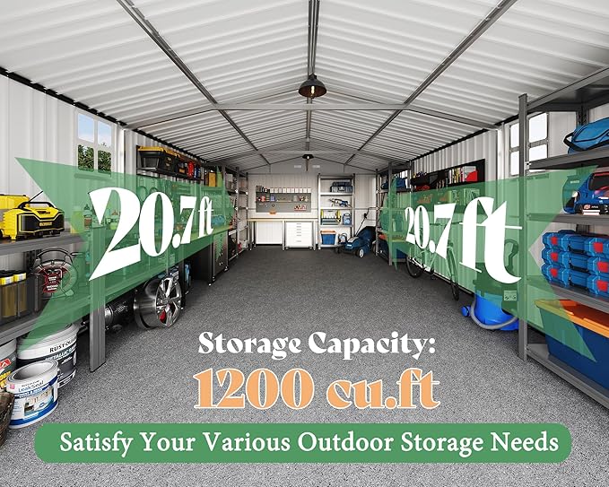 AMERLIFE 10x21x7.3 FT Outdoor Metal Garage Shed, Extra Large Storage Shed with Double Hinged Doors & 4 Windows, Carport for Car, Midsize SUV and Equipment Storage, Dark Gray