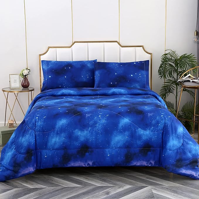 3PCS Blue Galaxy Twin Comforter Set, Bed in a Bag Space Twin Quilt Bedding Set, Hotel Luxury, Summer Cute Comforter Twin for Boys Girls Toddler Kids and Teens, Twin