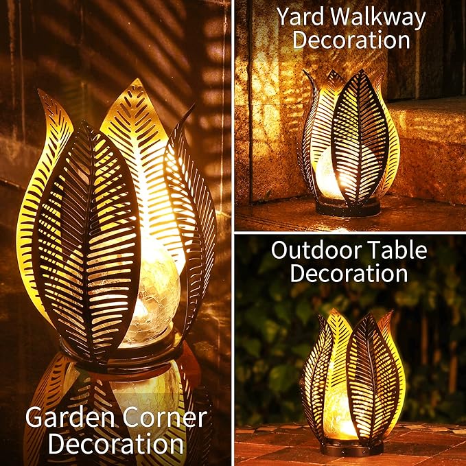 Solar Garden Lights Waterproof Decorations,Crackle Globe Glass,Metal Palm Leaf Solar Lights for Outdoor Decor On Garden,Patio,Yard,Front Porch,Tabletop Lamp-Perfect Gifts