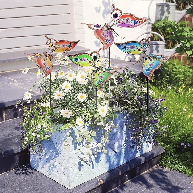 Juegoal Set of 4 Butterfly Garden Stake Decor, 32" Metal Colorful Butterflies Stakes, Yard Art Ornaments for Mom, Mothers Day Ideal Gifts, Outdoor Lawn Porch Pathway Patio Plant Pot Flower Bed