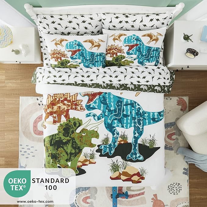 KALEIDOSPACE Gilrs Boys Bedding Sets Twin, 5 Piece Glow in The Dark Dinosaur Bed in A Bag-1 Comforter,1 Pillow Sham, 1 Pillowcase, 1 Flat Sheet, 1 Fitted Sheet