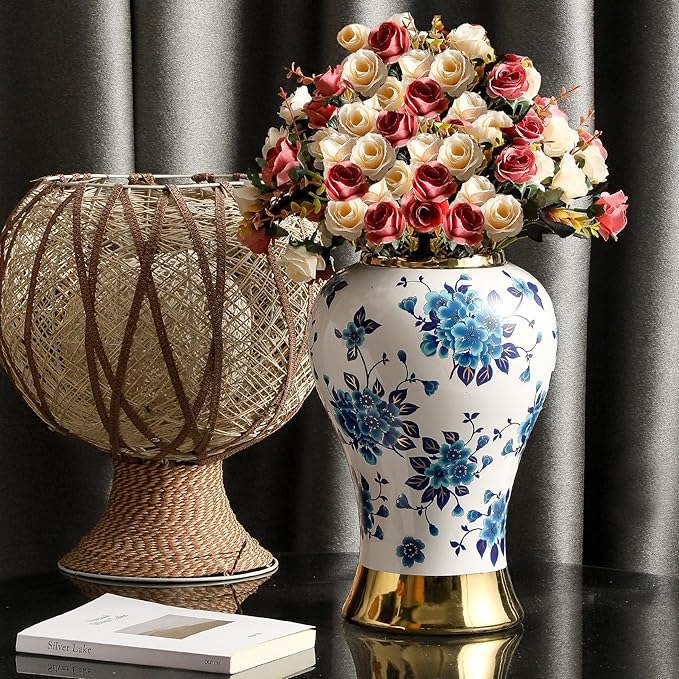 Ginger Jars for Home Decor, White and Gold Vase, Porcelain Ginger Jar Chinoiserie Blue and White Vase with Gold Trim and Floral Pattern, Ceramic Flower Vase for Home, Temple and Storage Jars(12in)