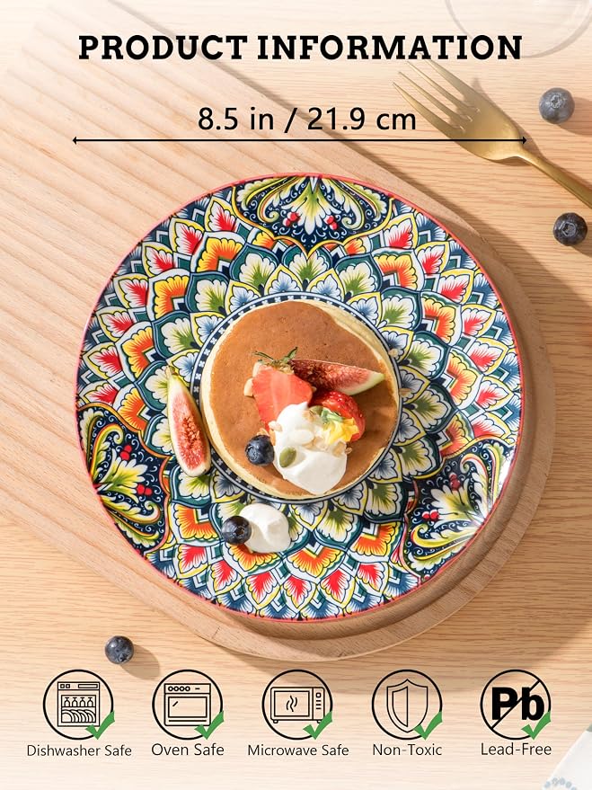 Henten Home Ceramic Dessert Plates Set of 6, 8.5 Inch Porcelain Salad Plate, Colorful Bohemian Style Serving Dishes for Cake, Snack, Appetizer, Decorations, Dishwasher & Microwave Safe