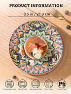 Henten Home Ceramic Dessert Plates Set of 6, 8.5 Inch Porcelain Salad Plate, Colorful Bohemian Style Serving Dishes for Cake, Snack, Appetizer, Decorations, Dishwasher & Microwave Safe