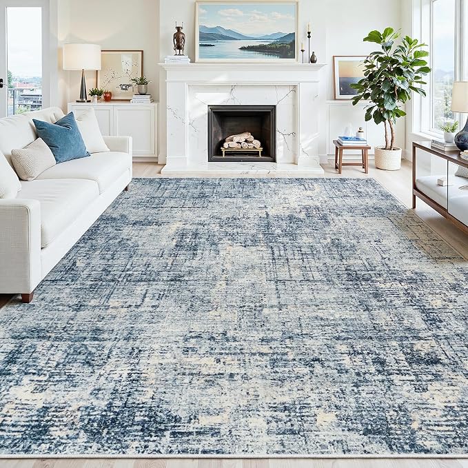9x12 Washable Area Rug for Living Room Bedroom: Non-Slip Modern Blue Gold | Machine Washable TPR Backing, Stain-Resistant Low Pile, Pet & Kid Friendly, Abstract Decor for Dining Room, Dorm, Home Office