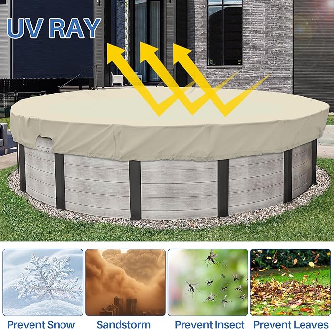 ECOOPTS 8 ft Waterproof Round Polyester Pool Cover for Above Ground Pools, Swimming Pool Cover Protector Winter Safety Cover (Beige)