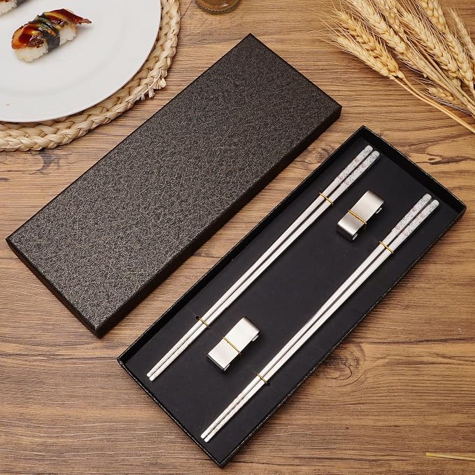 Stainless Steel Chopsticks, Titanium Plated Metal Chopsticks, 9.8" Premium Japanese Korean Color Laser Engraved Cooking Chop Sticks, Dishwasher Safe, Reusable, Anti-slip, Anti-scald, 2 Pairs Gift Set