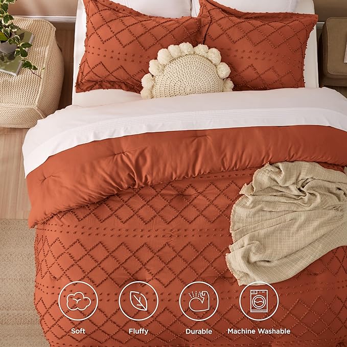 Bedsure California King Comforter Set - Terracotta Comforter, Boho Tufted Shabby Chic Bedding Comforter Set, 3 Pieces Farmhouse Bed Set for All Seasons, Fluffy Soft Bedding Set with 2 Pillow Shams