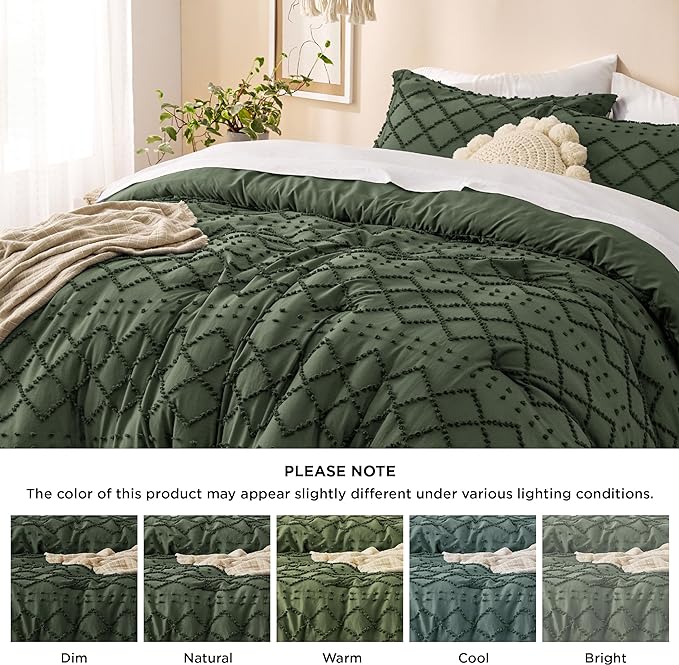 Bedsure California King Comforter Set - Olive Green Comforter, Boho Tufted Shabby Chic Bedding Comforter Set, 3 Pieces Farmhouse Bed Set for All Seasons, Fluffy Soft Bedding Set with 2 Pillow Shams