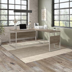 Bush Business Furniture Hybrid 60-inch W L-Shaped Table Desk with Metal Legs, Modern Hickory (HYB027MH)