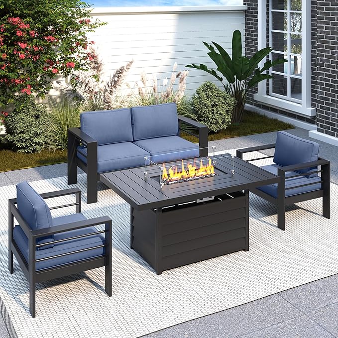 Solaste Aluminum Patio Furniture Set with Fire Pit Table, 4 Piece Metal Outdoor Furniture with Water-Resistant Cushions, Modern Patio Conversation Set for Balcony, Front Porch, and Backyard,Blue