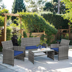 Shintenchi 4-Piece Outdoor Gray Wicker Patio Conversation Furniture Set, Rattan Patio Furniture Set with Weather Resistant Cushions and Tempered Glass Tabletop,Navy Blue