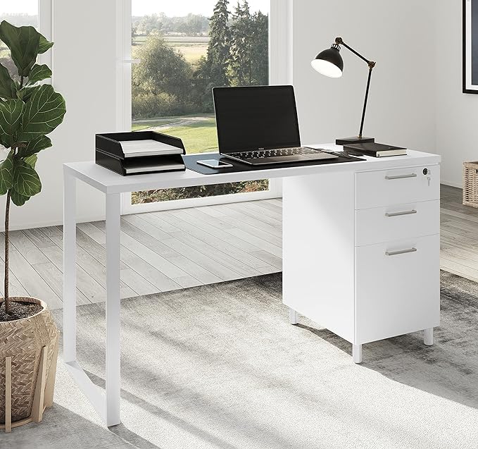 Milano Home Office Desk - 47 Inch White/White Home Office Desk with Drawers - Modern Computer Desk with Storage, Detachable & Lockable Computer Cabinet - Wooden Office, Study, and Writing Table
