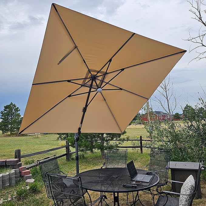 PURPLE LEAF 10 Feet Patio Umbrella Outdoor Cantilever Solar Powered LED Swivel Square Umbrella Aluminum Offset Umbrella with 360-degree Rotation for Garden Deck Pool Patio, Beige