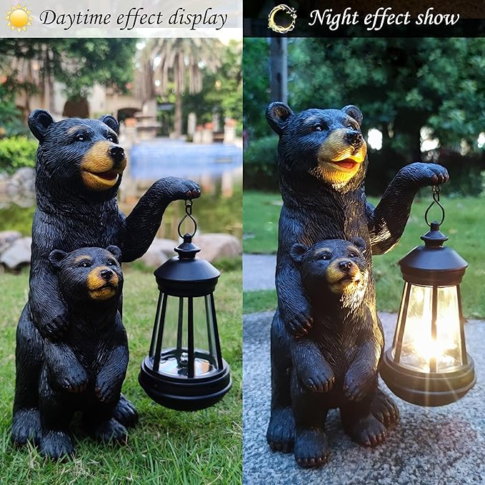 Black Bear Solar Lantern Garden Statues，Loving Bear Figurine Lights for Outside Decoration ,Lawn Outdoor Decor for Patio,Balcony,Yard-Unique Gift for Grandma Wowen Mom