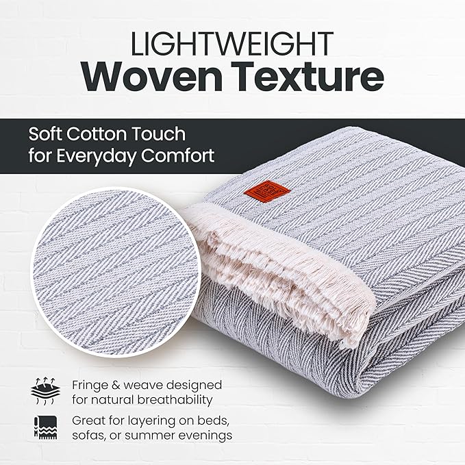 Gold Case Throw Blanket for Bed – 100% Recycled Turkish Cotton Bed Blanket – Decorative Throw Cotton Blankets for Living Room & Bedroom – Woven Twin Blankets - 71x90 - Grey