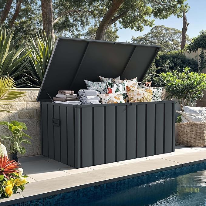 PURPLE LEAF Outdoor Deck Box 150 Gallon Waterproof Lockable Storage Box Container with Lid Deck Organization for Patio Cushions Side Table Pool Accessories Garden Tools, Gray