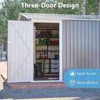 14x10 FT Outdoor Storage Shed,Metal Shed W/ 3 Lockable Doors，Floor Frame & Side Door,Garden Tool House W/ 4 Air Vents & Sloped Roof,for Backyard Patio Lawn,Light Gray