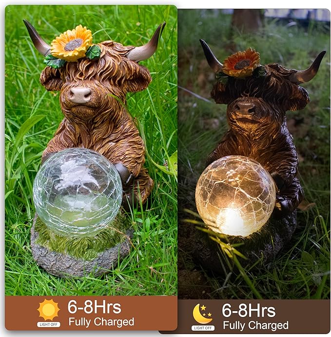 Highland Cow Outdoor Statue with Solar Transparent Ball for Garden Outside Yard Lawn Decor Highland Cow Figurine Porch Patio Balcony Home, Birthday Gifts for Mom Women