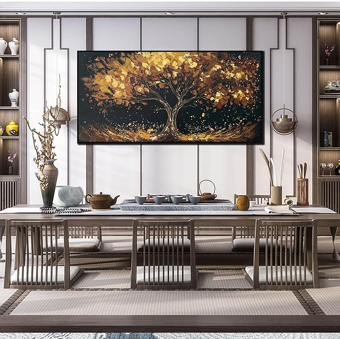 Tree Painting Wall Art for Office - Hand Painted Gold and Black Canvas Wall Art for Living Room - Black Framed Wall Art for Bedroom Size 29" x 59"
