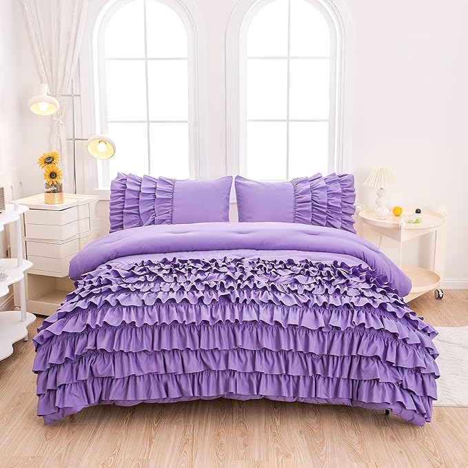 Lavender Princess Ruffle Comforter, Purple Twin Comforter Set for Girls (1 Ruffled Comforter and 2 Pillowcases), 3 Pieces Vintage Rustic Purple Bedding Set for Girls Kids